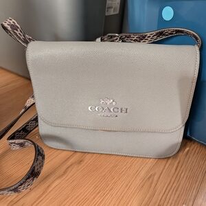 Coach Light Gray Pebble Leather Crossbody with Snake-Print Strap